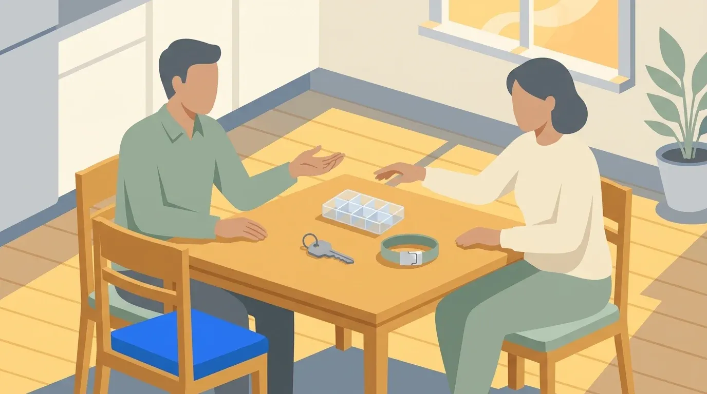 A family member discusses practical care needs with a respite provider across a kitchen table.