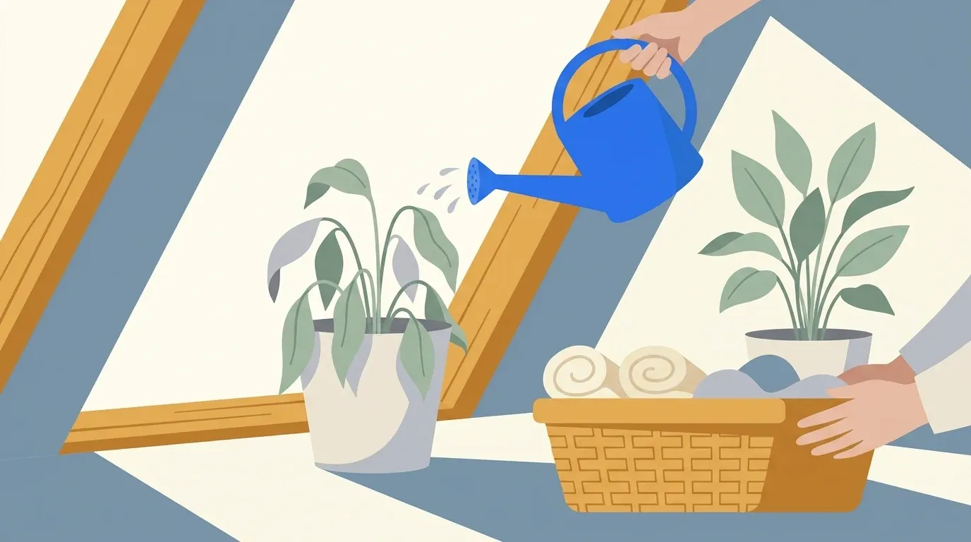 A caregiver’s recovery is represented by a wilted plant receiving water and shared support.