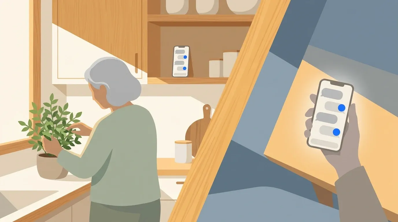 A remote daily phone check-in quietly connects an aging parent’s routine with family support.