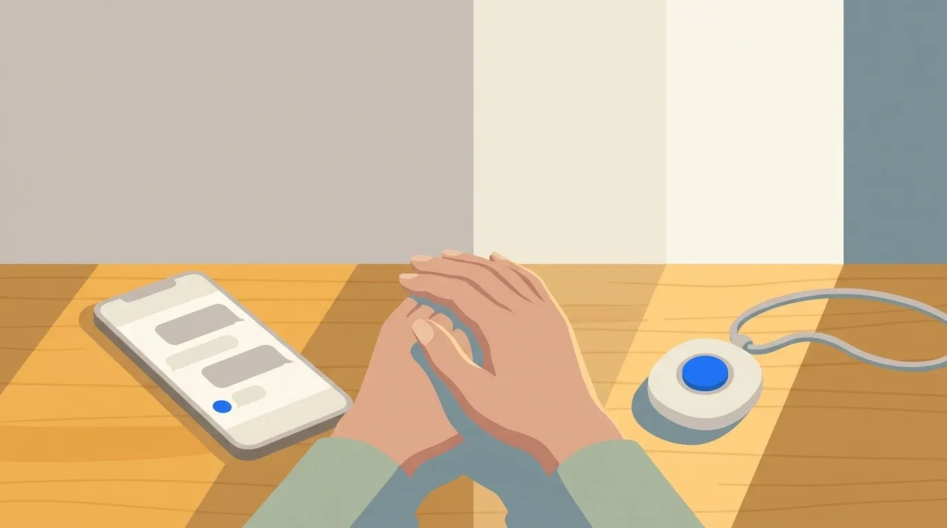 A phone check-in service and a wearable medical alert sit side by side for comparison.
