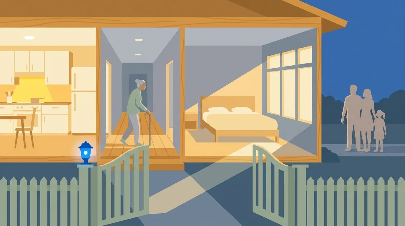 A family evaluates the safety of an elderly parent living alone in a well-lit home.
