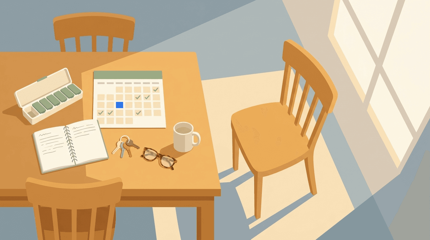 Flat illustration of a kitchen table where one side holds a pill organizer, care notebook, calendar and keys while the chair across sits empty, representing one adult child carrying the caregiving load for an aging parent alone.