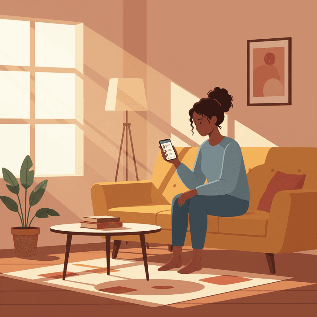 Social media emptiness woman sofa scrolling illustration