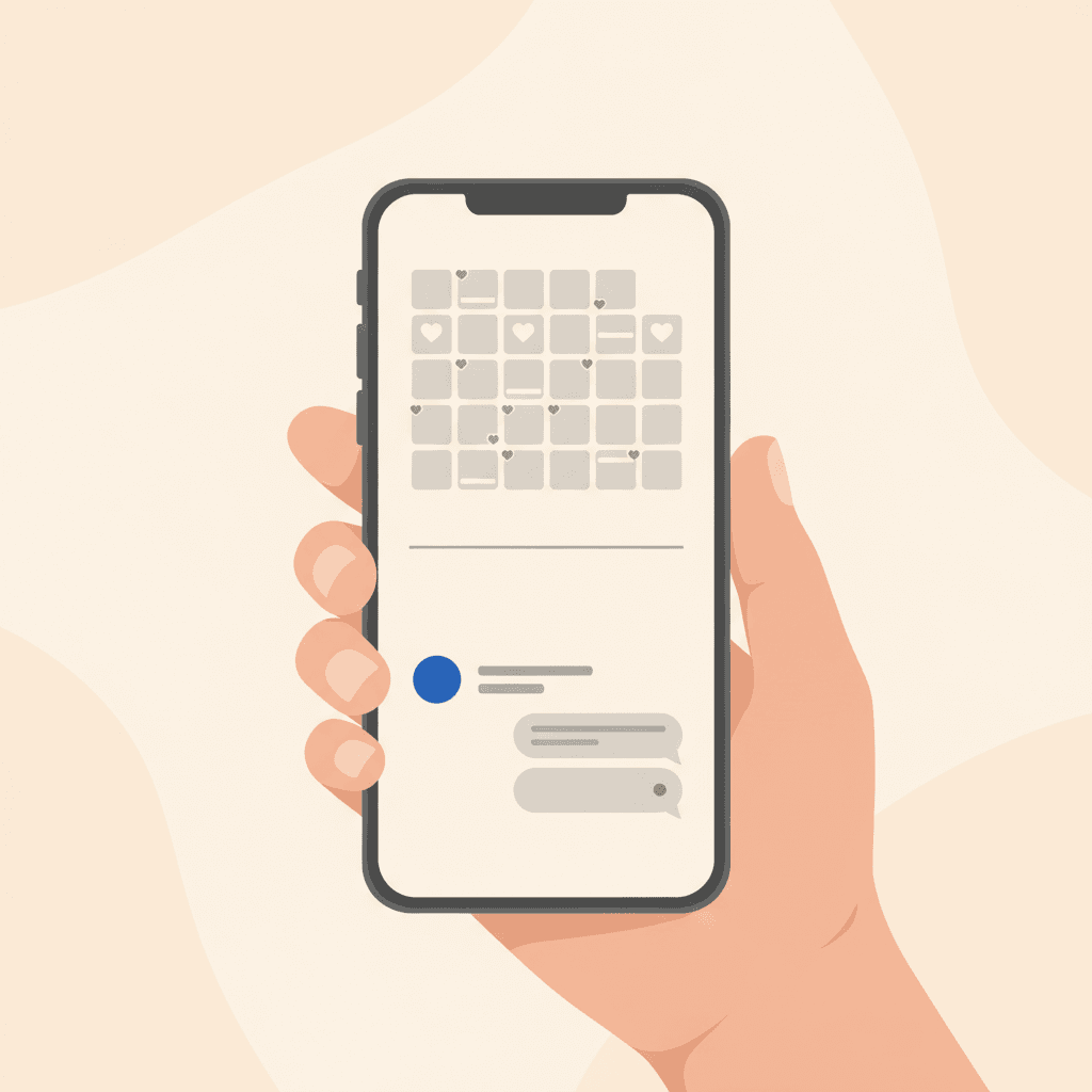 Hand holding phone showing social media grid next to a simple SMS conversation, contrasting likes with real connection