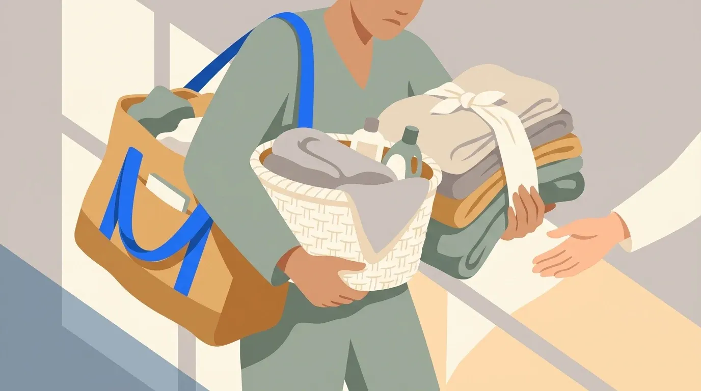 A caregiver balances three heavy responsibilities as another person reaches to help.