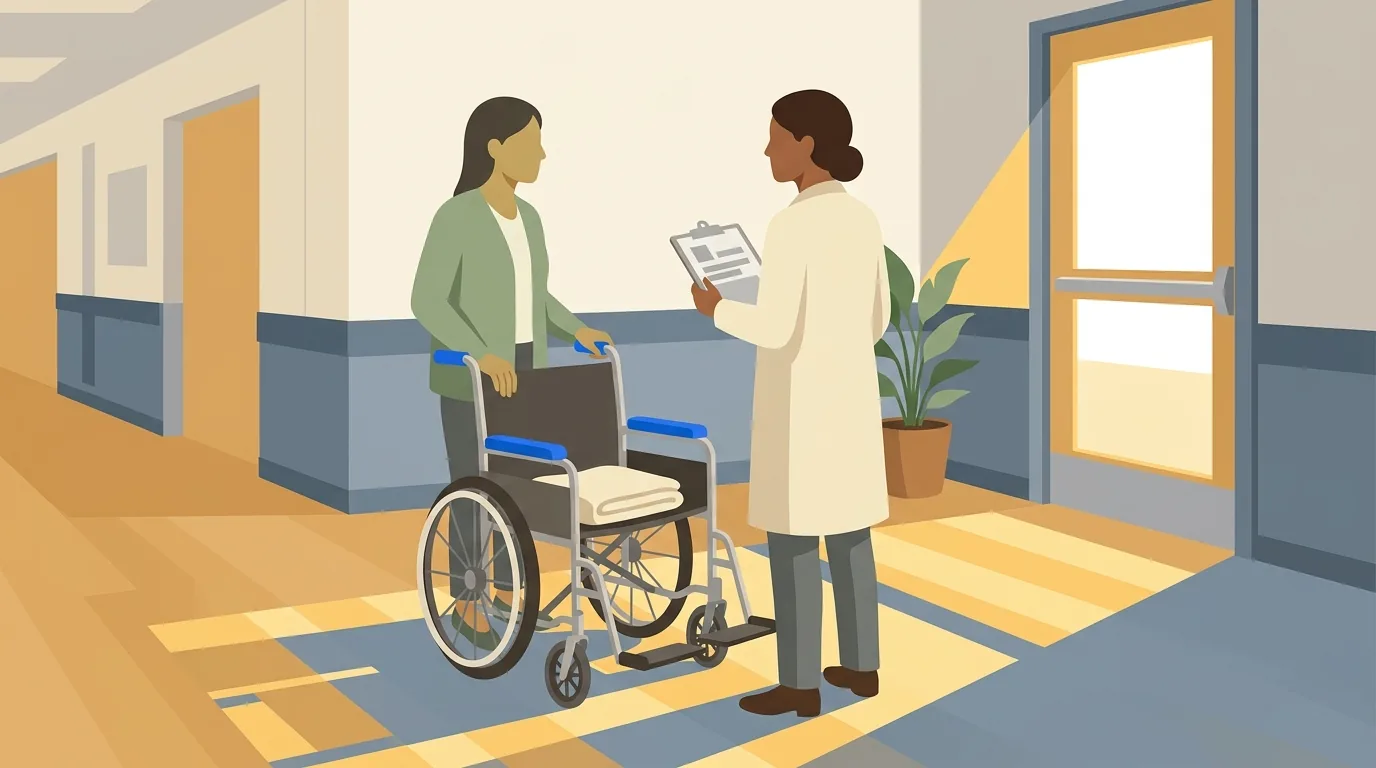 A daughter keeps a hand on an empty wheelchair while she talks the discharge plan through with a clinician in a hospital hallway.
