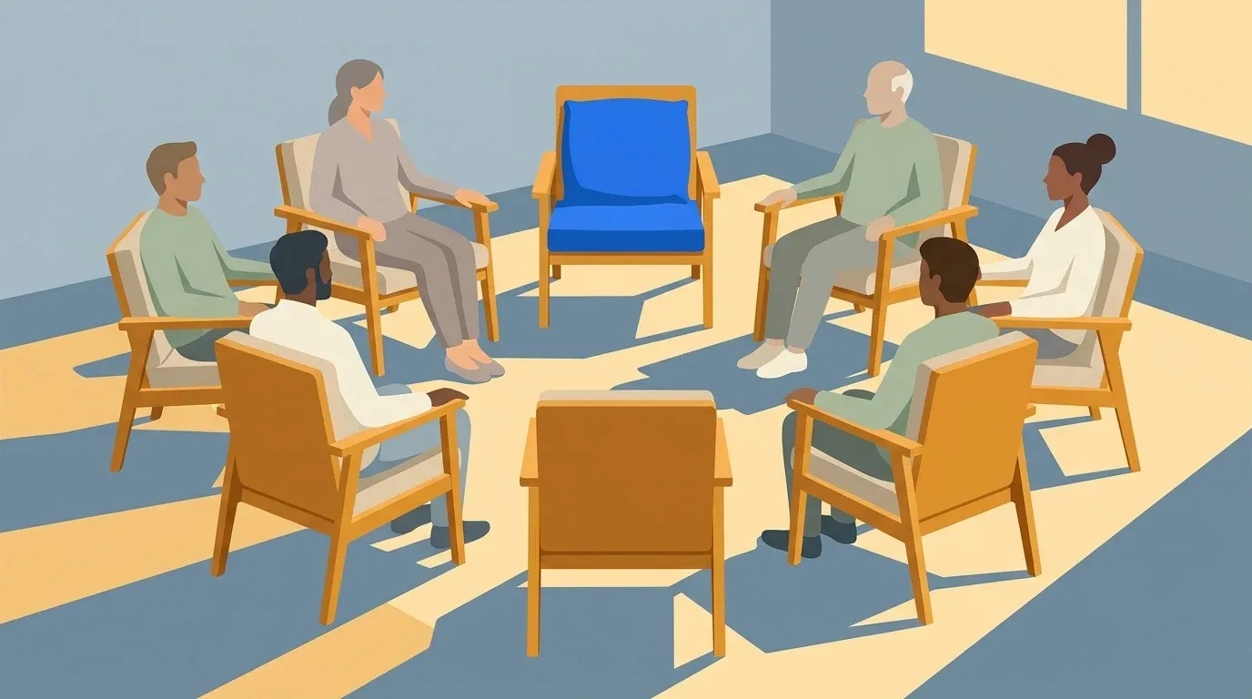 A welcoming open chair waits in a calm caregiver support-group circle.