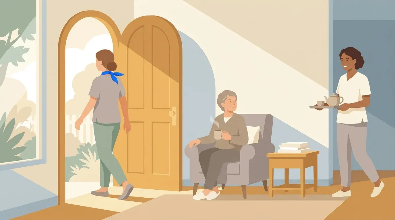 A family caregiver hands off care at a warm home doorway while an older adult relaxes safely inside.