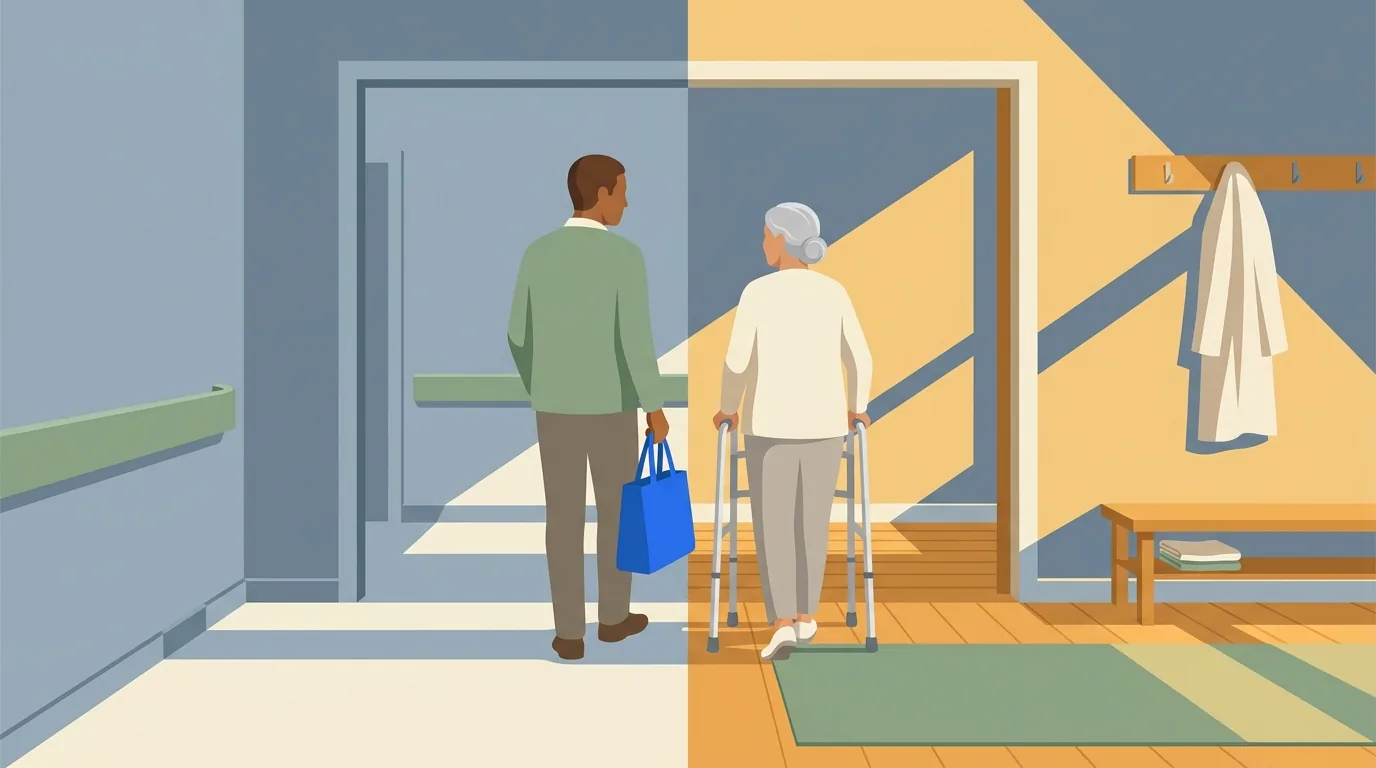 A son carrying a tote bag walks his mother and her walker from a hospital corridor through a doorway into a sunlit home entryway.