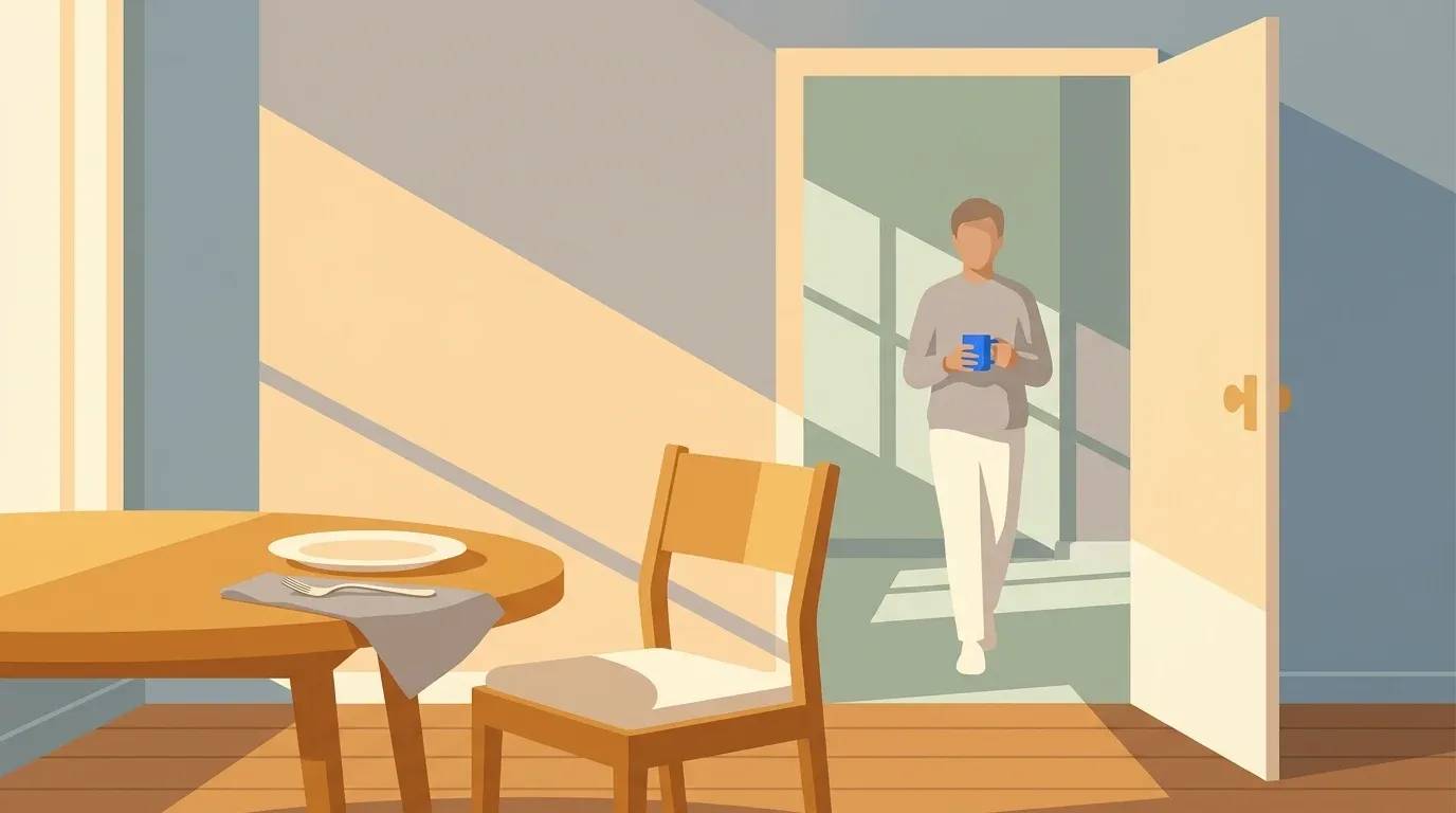 An older adult’s table for one gains a welcoming visitor through an open doorway.