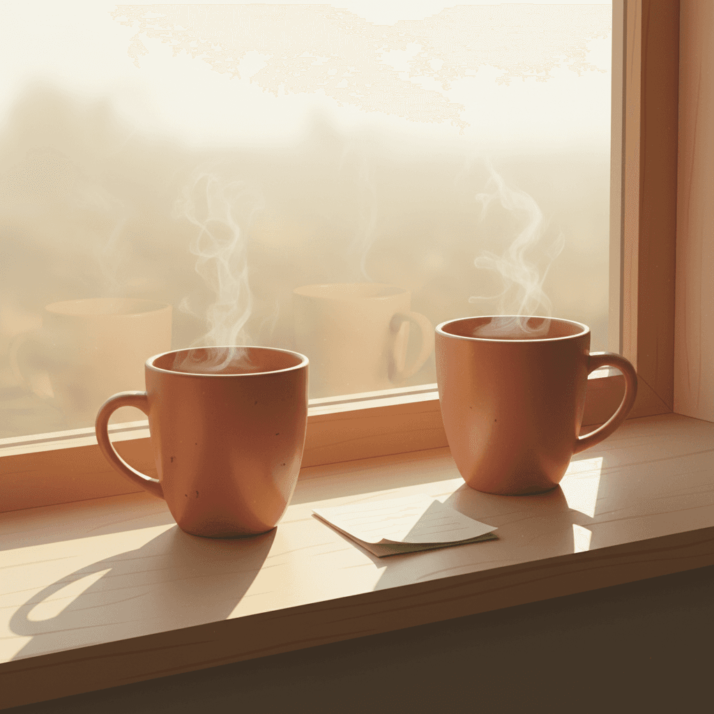 Two coffee mugs side by side on morning table, representing a daily check-in friendship ritual