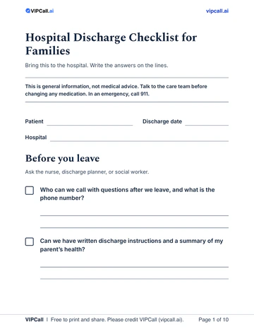 Preview of page 1 of the VIPCall Hospital Discharge Checklist for Families