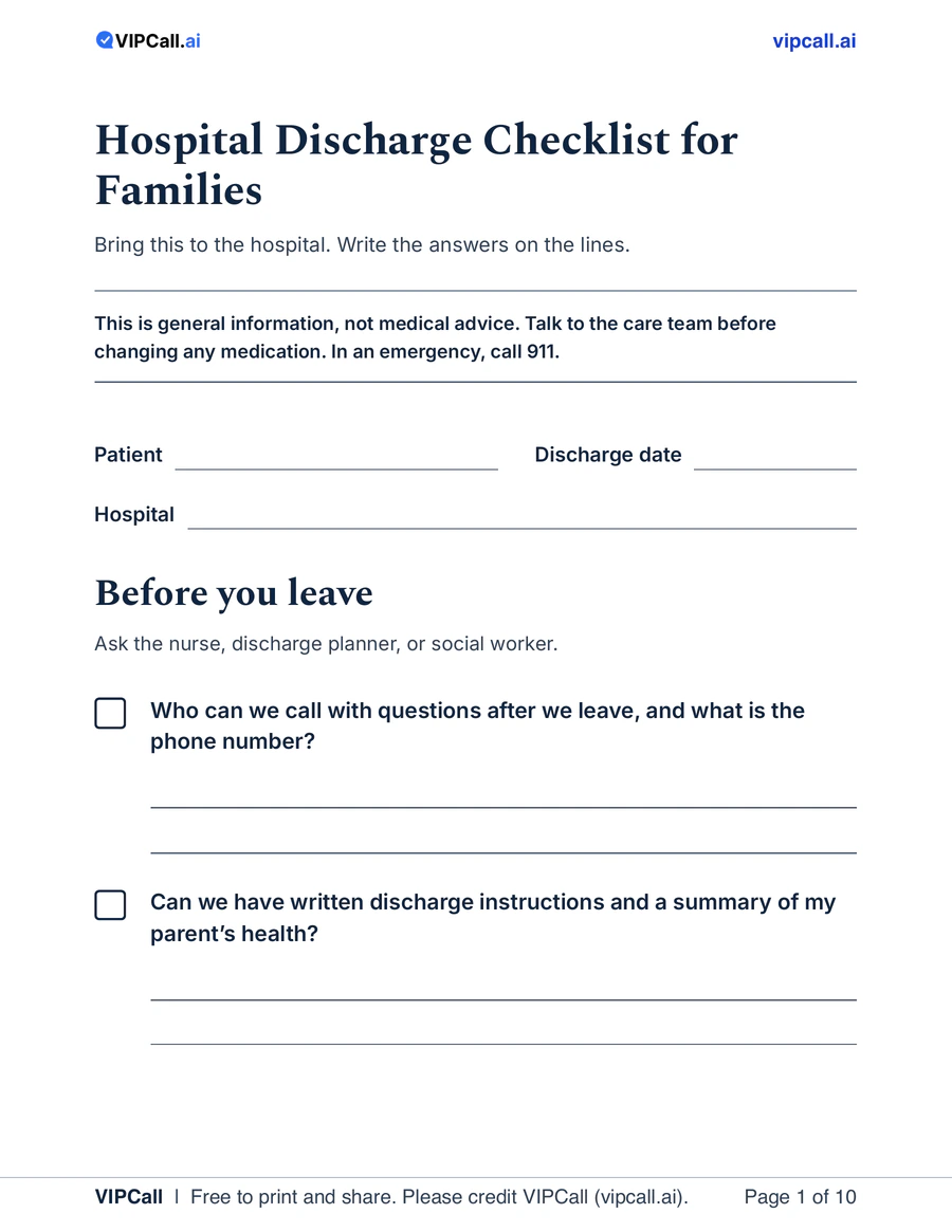 Preview of page 1 of the VIPCall Hospital Discharge Checklist for Families: a title, a space for the patient name, hospital, and discharge date, and the first questions to ask the care team, each with lines to write the answer.